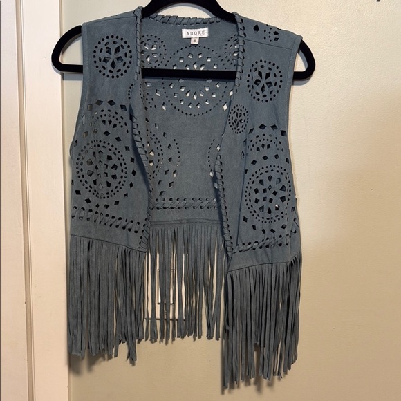 Adore | Blue Micro Suede Fringe Vest with cutout pattern - Small - Western BOHO - Picture 1 of 4